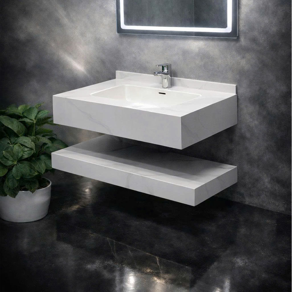 Bàn đá Lavabo 2 tầng chống trầy xước kèm chậu sứ tràn viền cao cấp