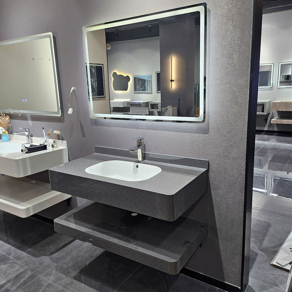 Bàn đá Lavabo 2 tầng màu xám chống xước kèm chậu sứ đặt bàn