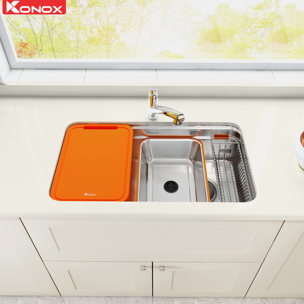 Bề mặt xử lý trơn mịn mạ Crom giúp chậu Konox R50 chống bám bẩn và ráo nước nhanh