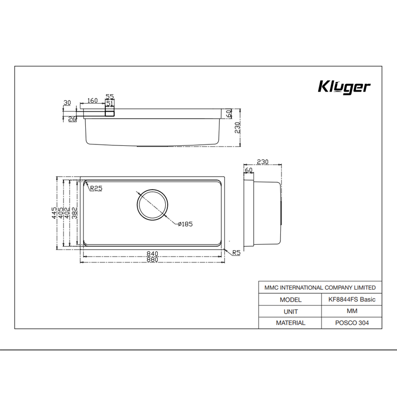Bản vẽ kỹ thuật Chậu rửa bát Kluger KU8844FS 