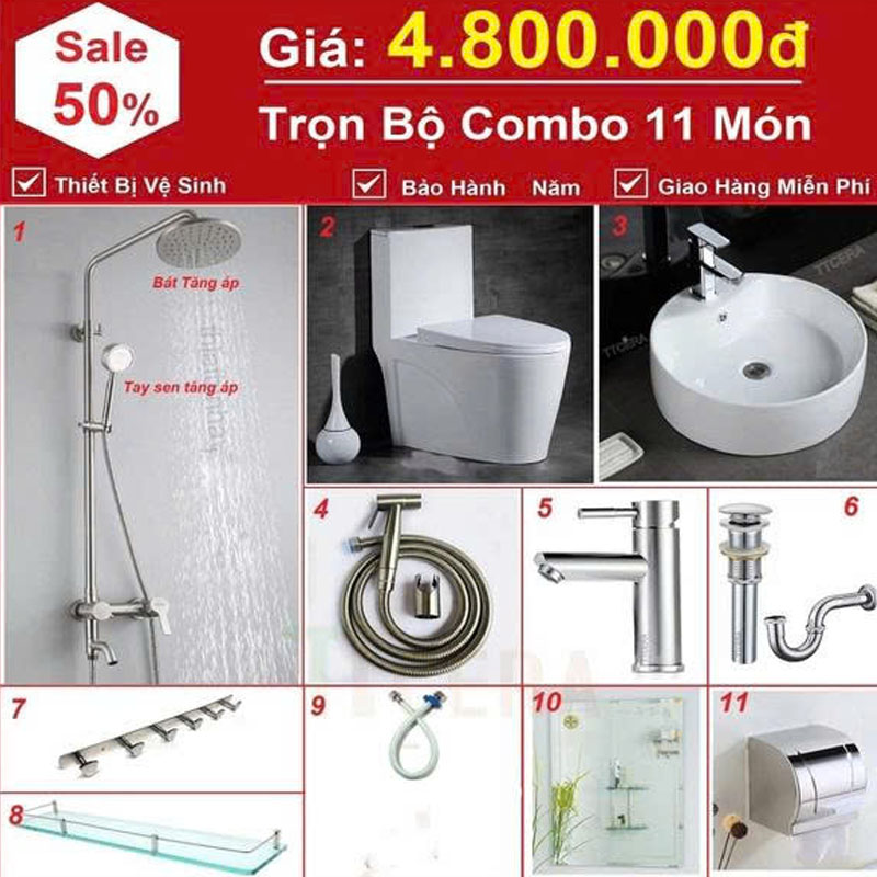 Combo nhà tắm CB48 gồm 11 món thiết bị vệ sinh đồng bộ hiện đại