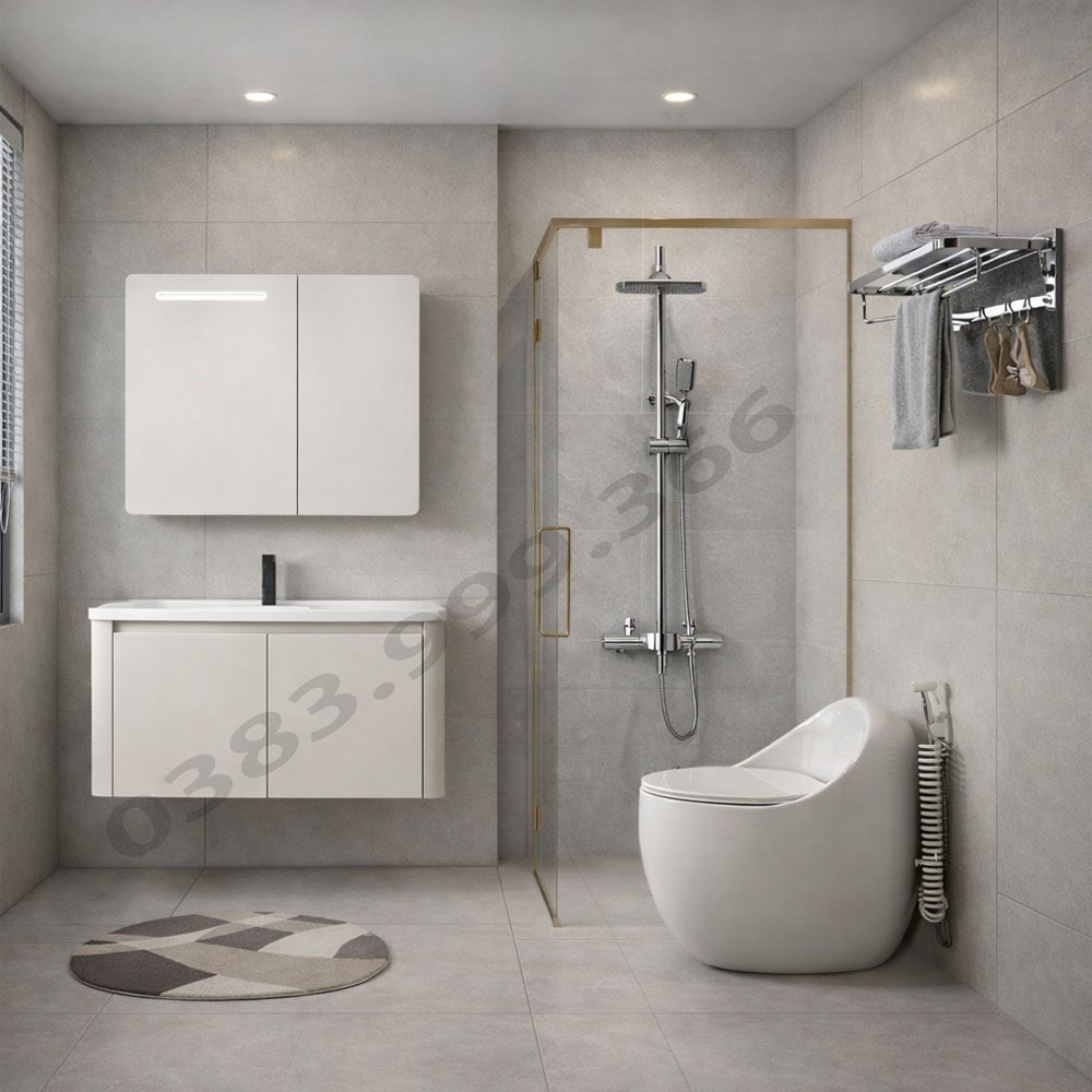 Trọn bộ thiết bị vệ sinh phòng tắm KB195 đầy đủ bồn cầu, sen cây và tủ chậu