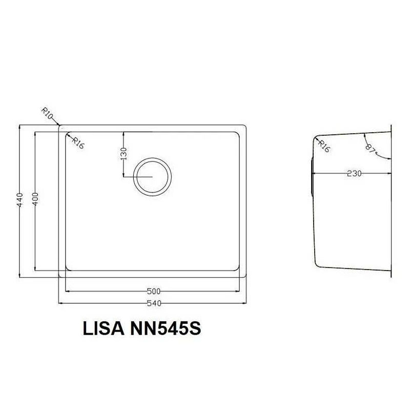 Bản vẽ kỹ thuật và kích thước cắt đá âm 496x396mm của chậu LISA NN545S