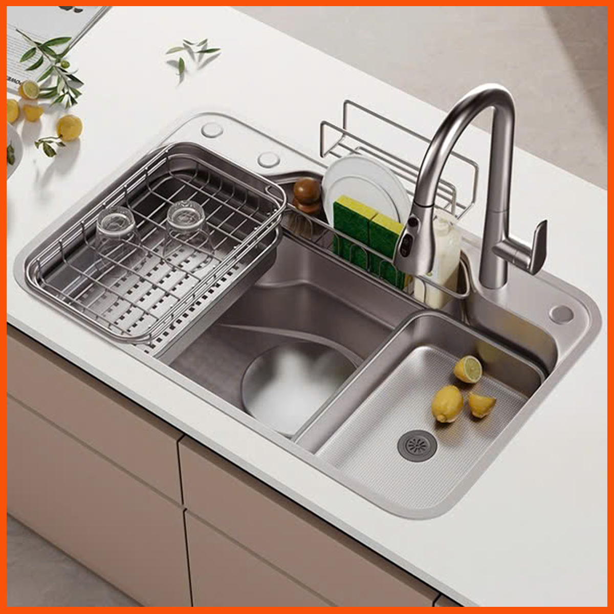  Lòng chậu sâu kết hợp gờ hạ bậc thông minh – thoát nước nhanh, chống bắn nước