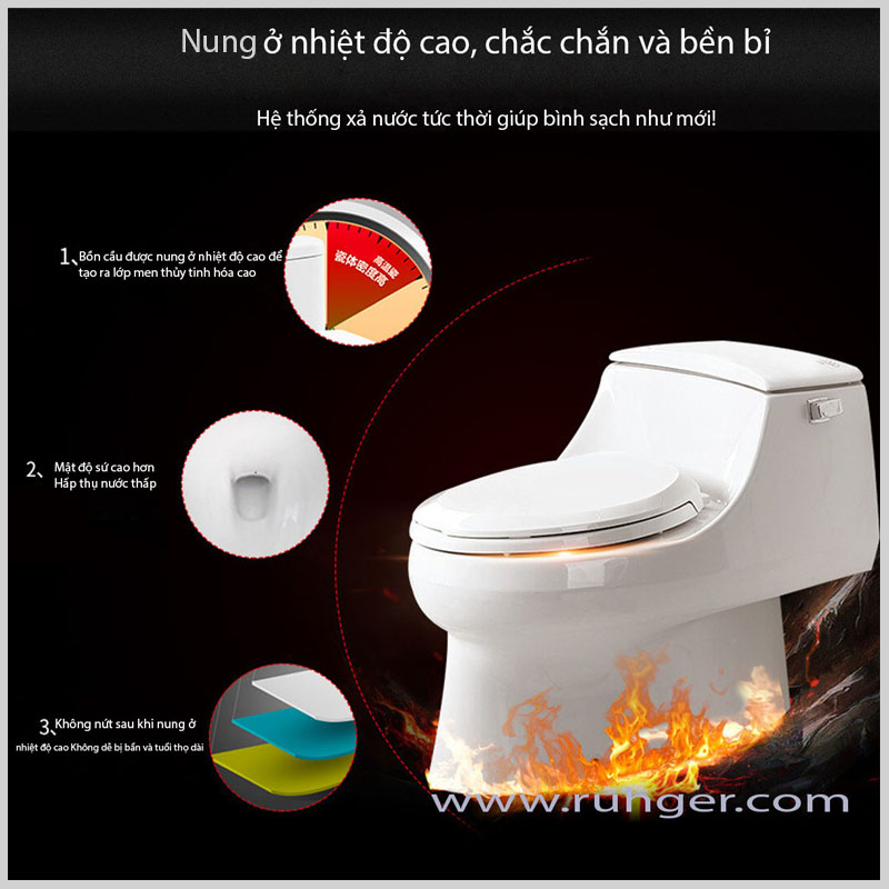 Bồn cầu BELLO BT945 được nung ở nhiệt độ 1280°C trong 22 giờ, tăng độ cứng và chống nứt tuyệt đối.