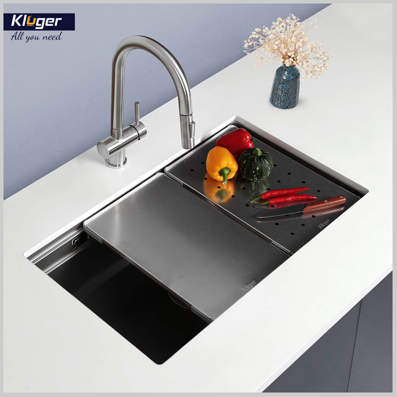 Bộ phụ kiện chậu rửa Kluger KWU8161FS – Thớt inox, giỏ rác, siphon thế hệ mới