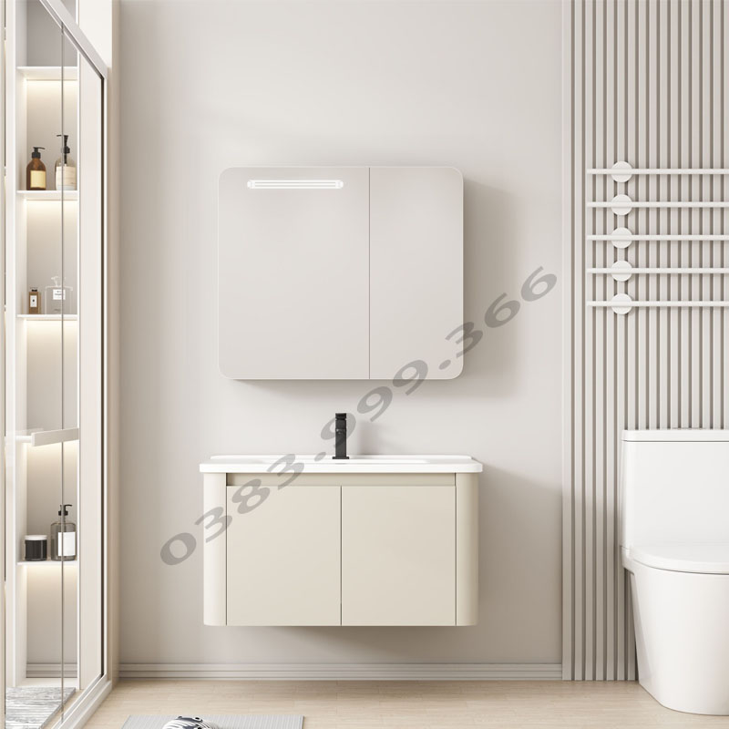Tủ chậu Lavabo nhựa cánh kim loại và gương hộp LED hiện đại bộ KB195