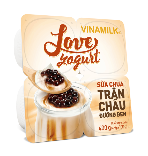 Sữa chua ăn VINAMILK LOVE YOGURT trân châu đường đen hộp 100g lốc 4
