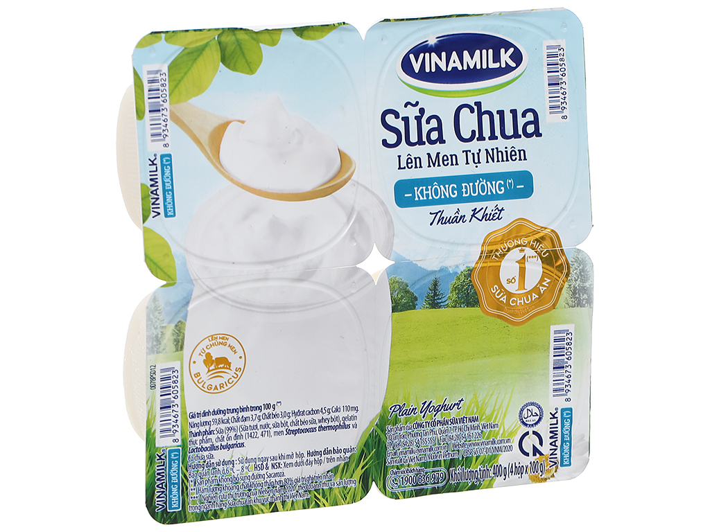 Sữa chua ăn VINAMILK không đường hộp 100g lốc 4