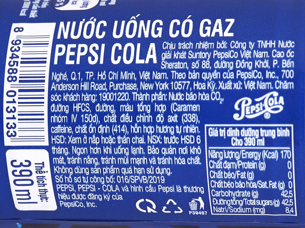 Pepsico chai 390ml 24 chai