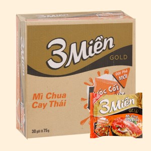 Mì ăn liền UNIBEN 3 MIỀN GOLD chua cay thái bịch 75g thùng 30