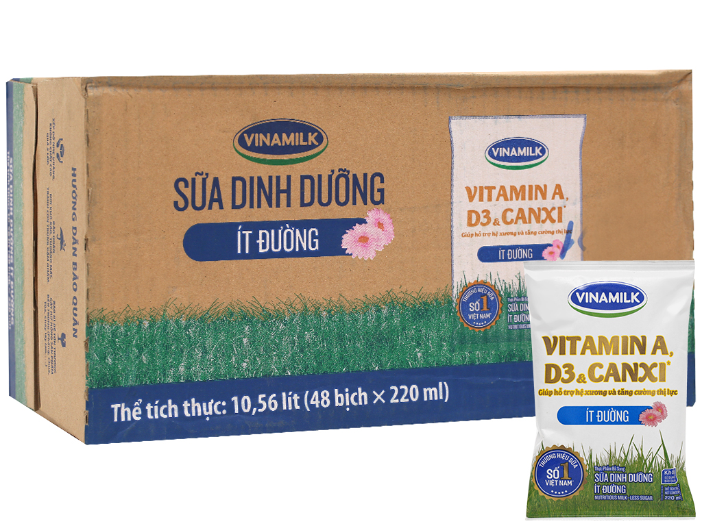 Sữa tươi VINAMILK 100 ít đường bịch 220ml thùng 48