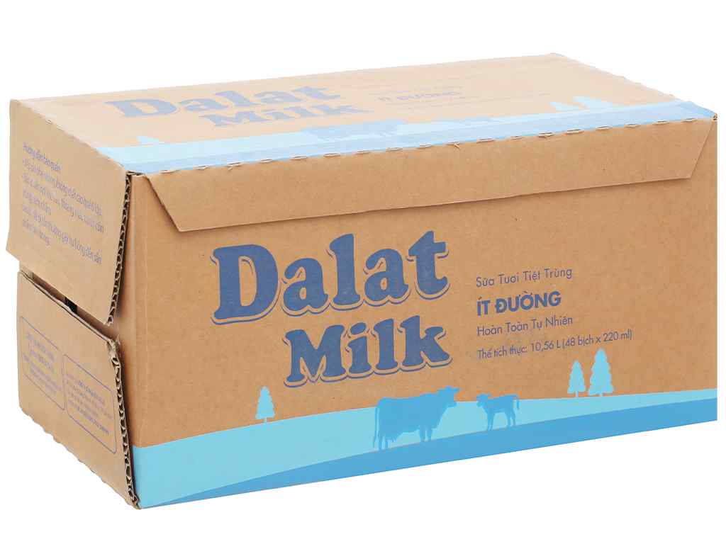 Sữa tiệt trùng DALAT MILK ít đường bịch 220ml thùng 48