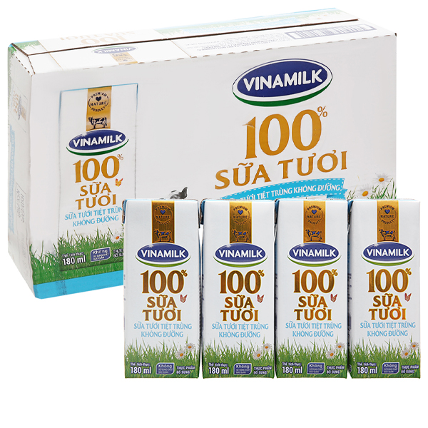 Sữa tươi VINAMILK 100 không đường hộp 180ml thùng 48