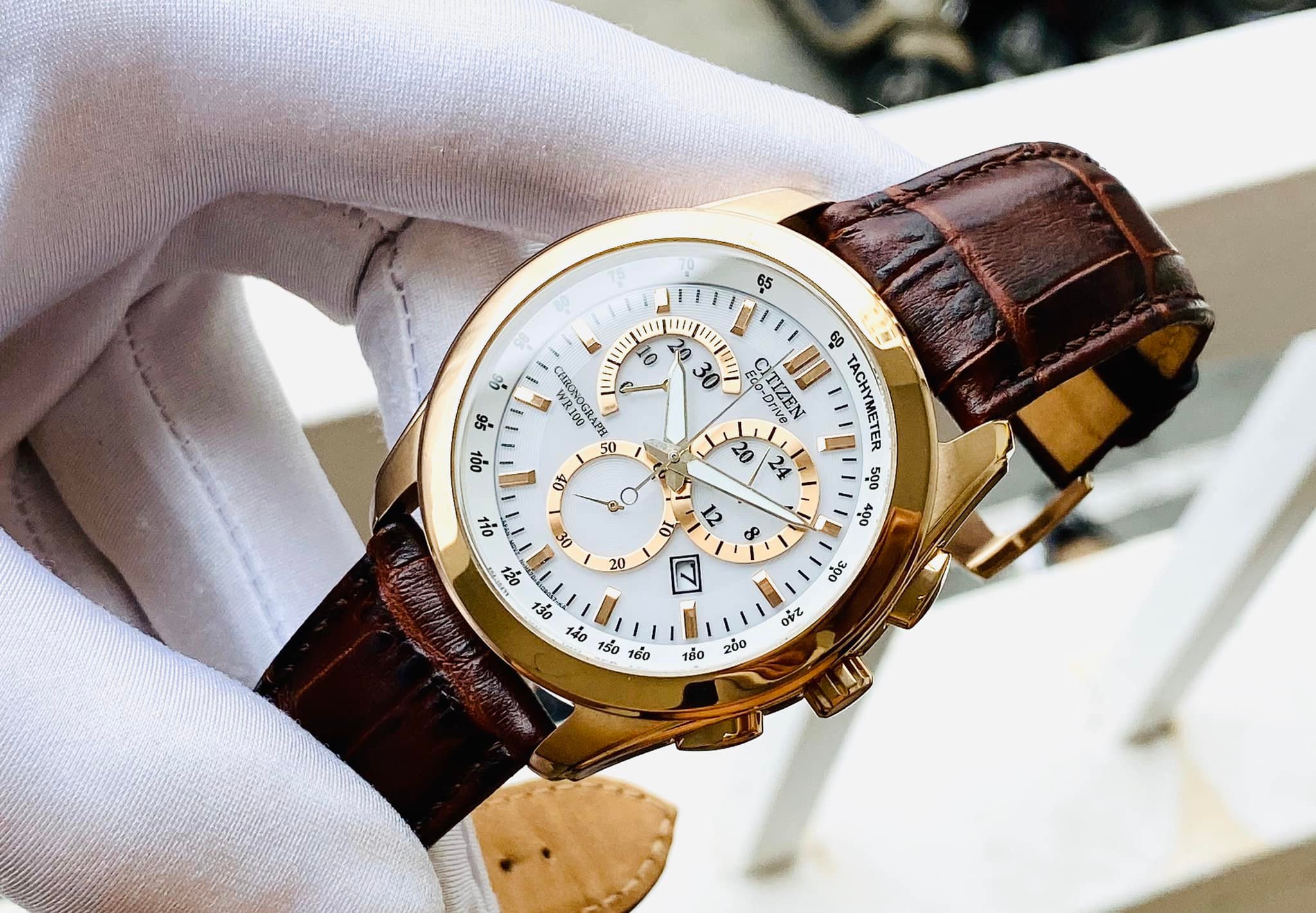 ĐỒNG HỒ NAM CITIZEN AT1183-07A ECO-DRIVE CHRONOGRAPH CASE ROSE GOLD DÂY DA