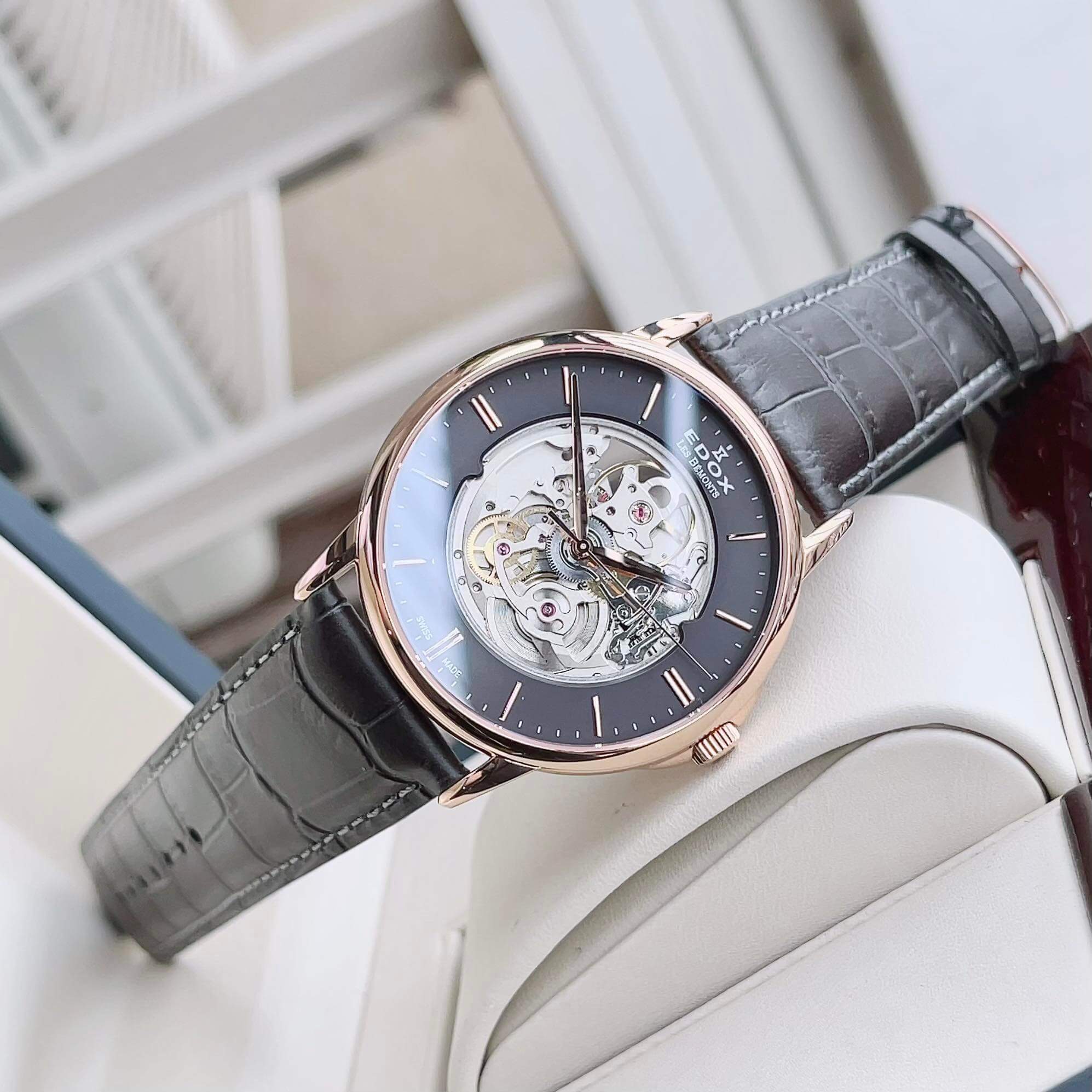 ĐỒNG HỒ EDOX LES BEMONTS AUTOMATIC GRAY SKELETON DIAL 85300-37R-GIR