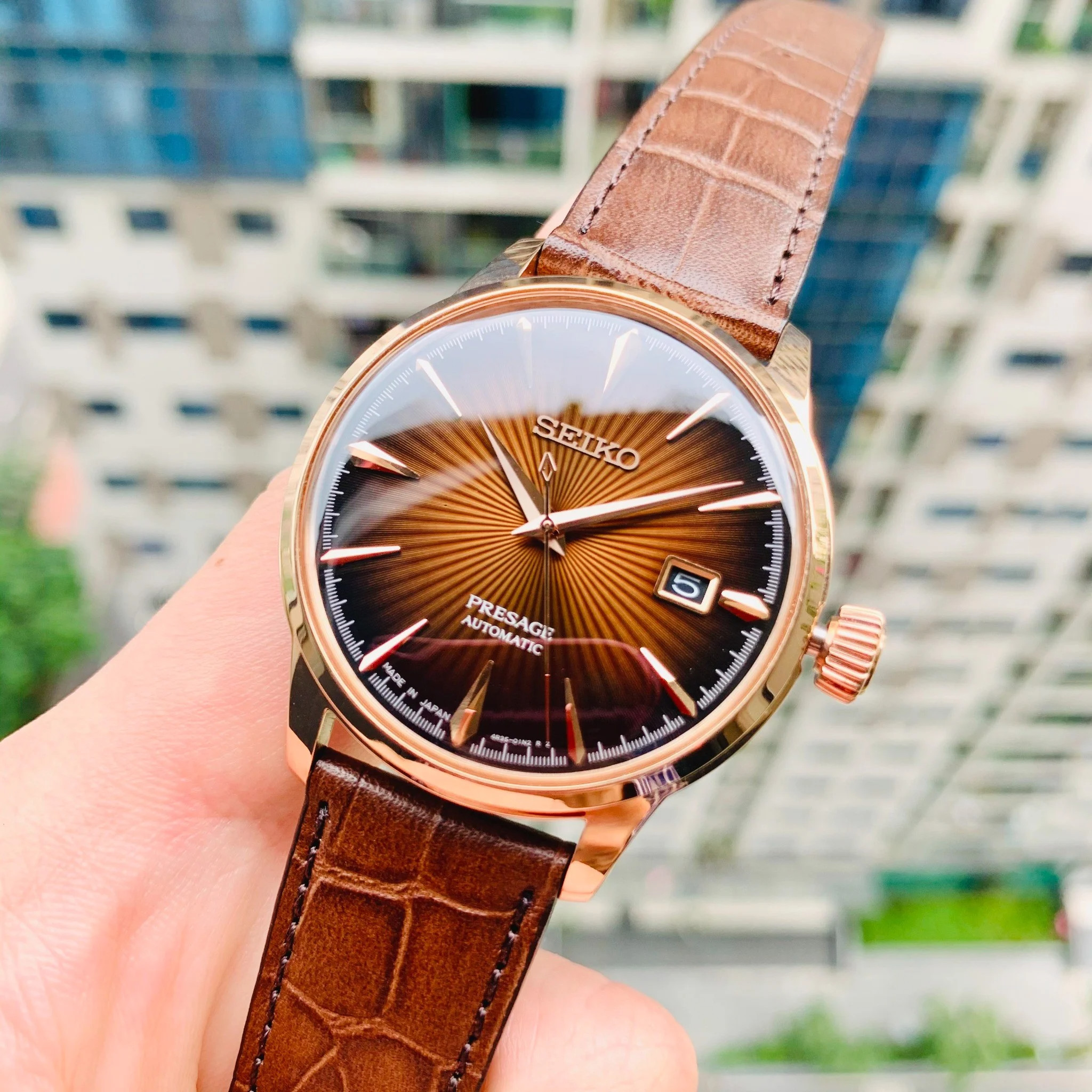 ĐỒNG HỒ NAM SEIKO SARY128 PRESAGE COCKTAIL CASE ROSE GOLD DÂY DA