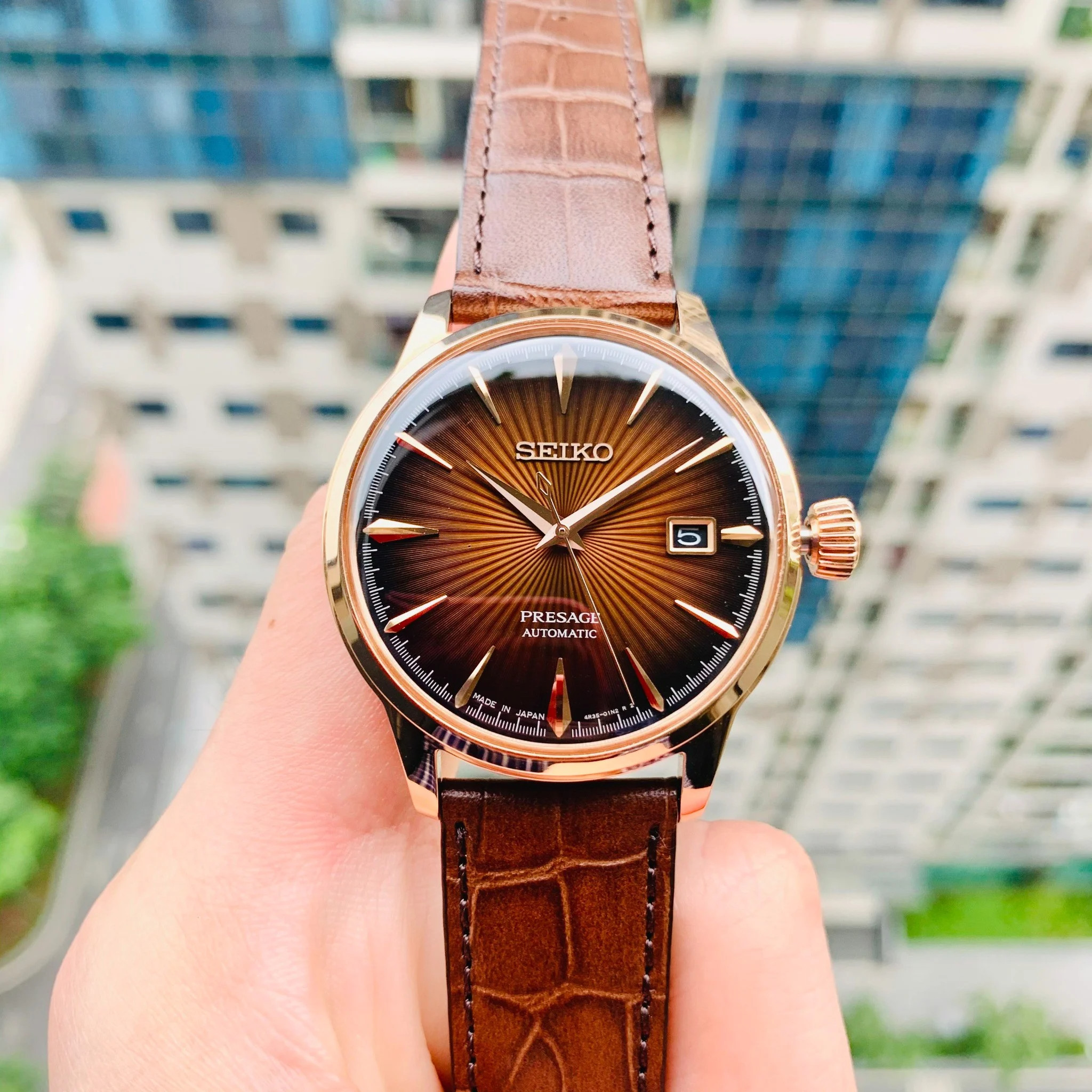 ĐỒNG HỒ NAM SEIKO SARY128 PRESAGE COCKTAIL CASE ROSE GOLD DÂY DA