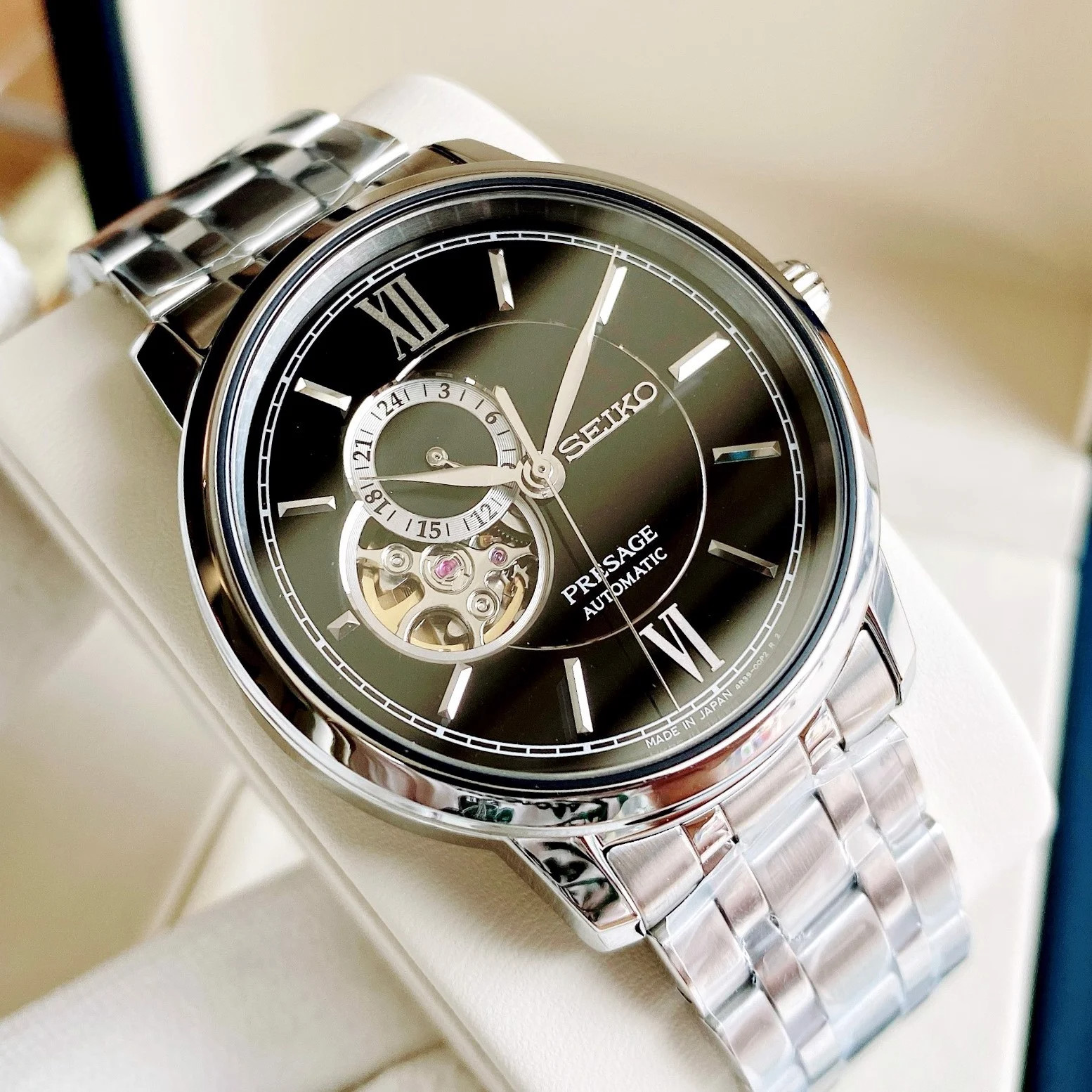 ĐỒNG HỒ SEIKO SSA367J1 PRESAGE OPEN HEART TONE SILVER DÂY KIM LOẠI