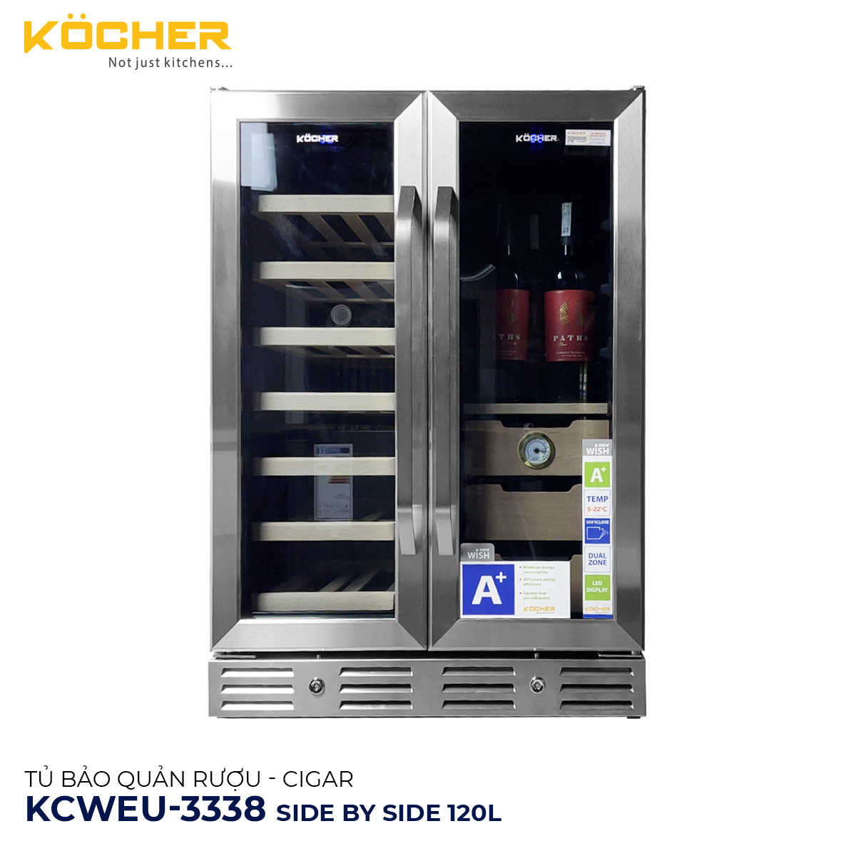 TỦ BẢO QUẢN RƯỢU - CIGAR SIDE BY SIDE KOCHER KCWEU-3338, DUNG TÍCH 120L, MÀU INOX