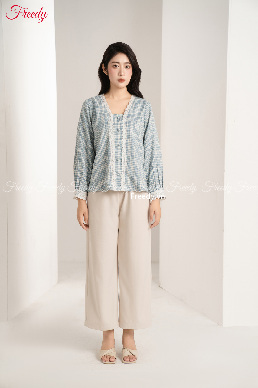 Bộ dài tay nữ caro xanh tay ren - WBD2404