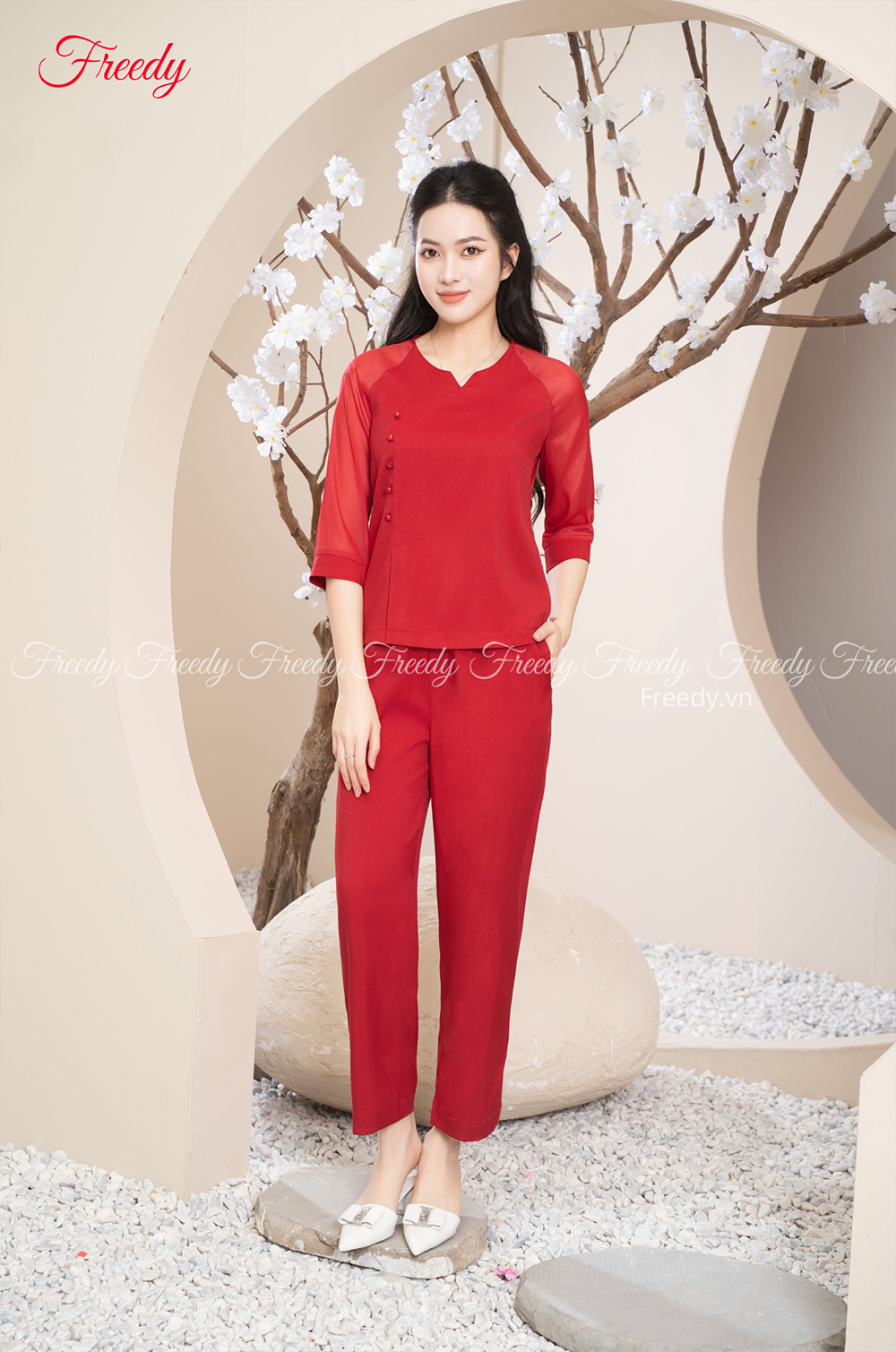 Bộ dài tay nữ đũi Hàn tay phối organza - WBD2335