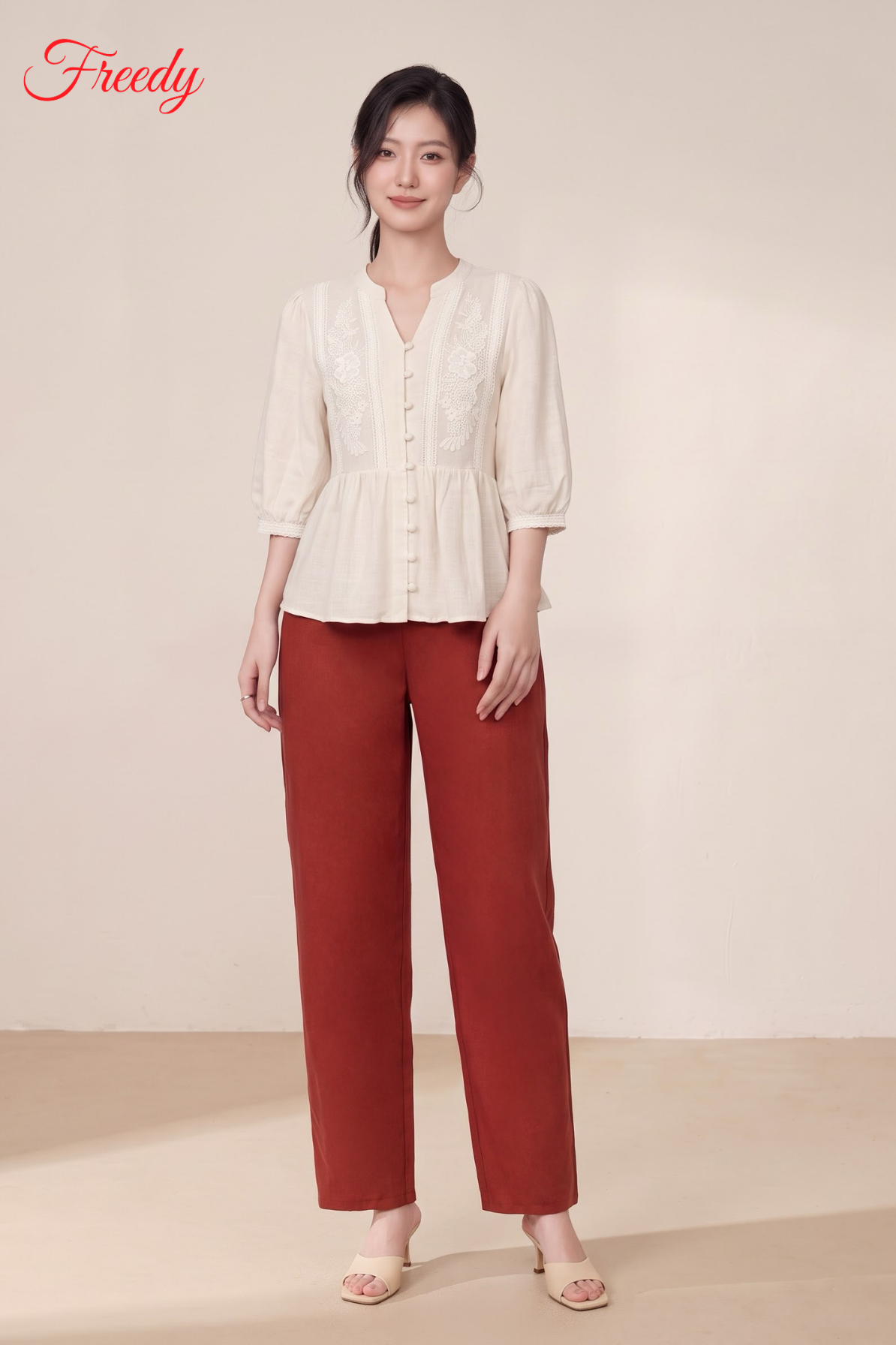 [SET THẠCH THẢO] Bộ dài tay nữ linen đắp ren hoa thanh lịch - WBD2604