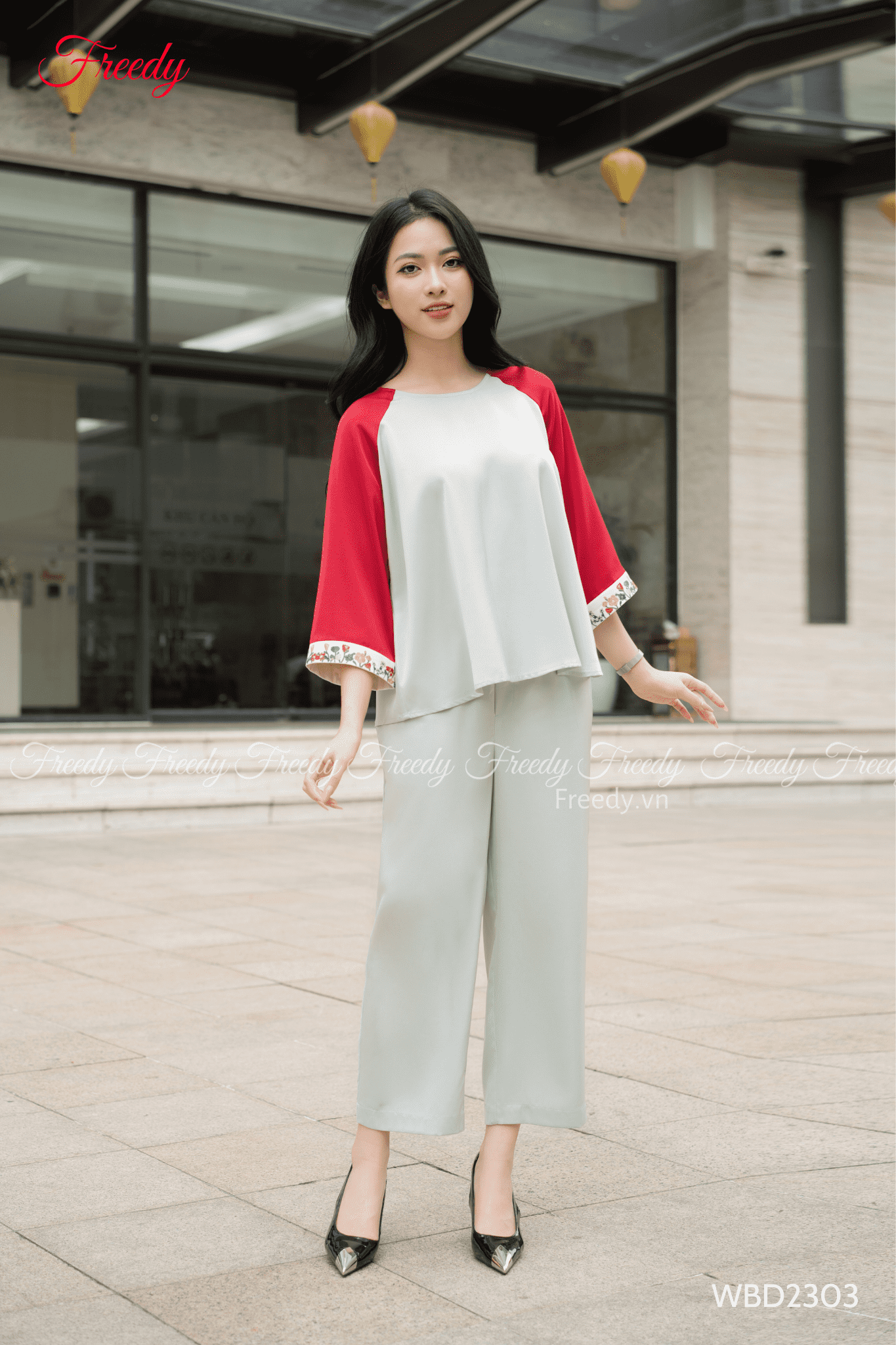 Bộ dài tay nữ lụa raglan thêu hoa tay - WBD2303