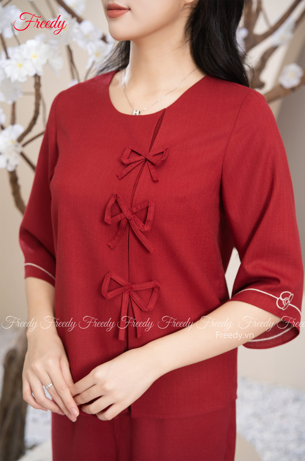 Bộ dài tay nữ đũi Thái đính nơ - WBD2338