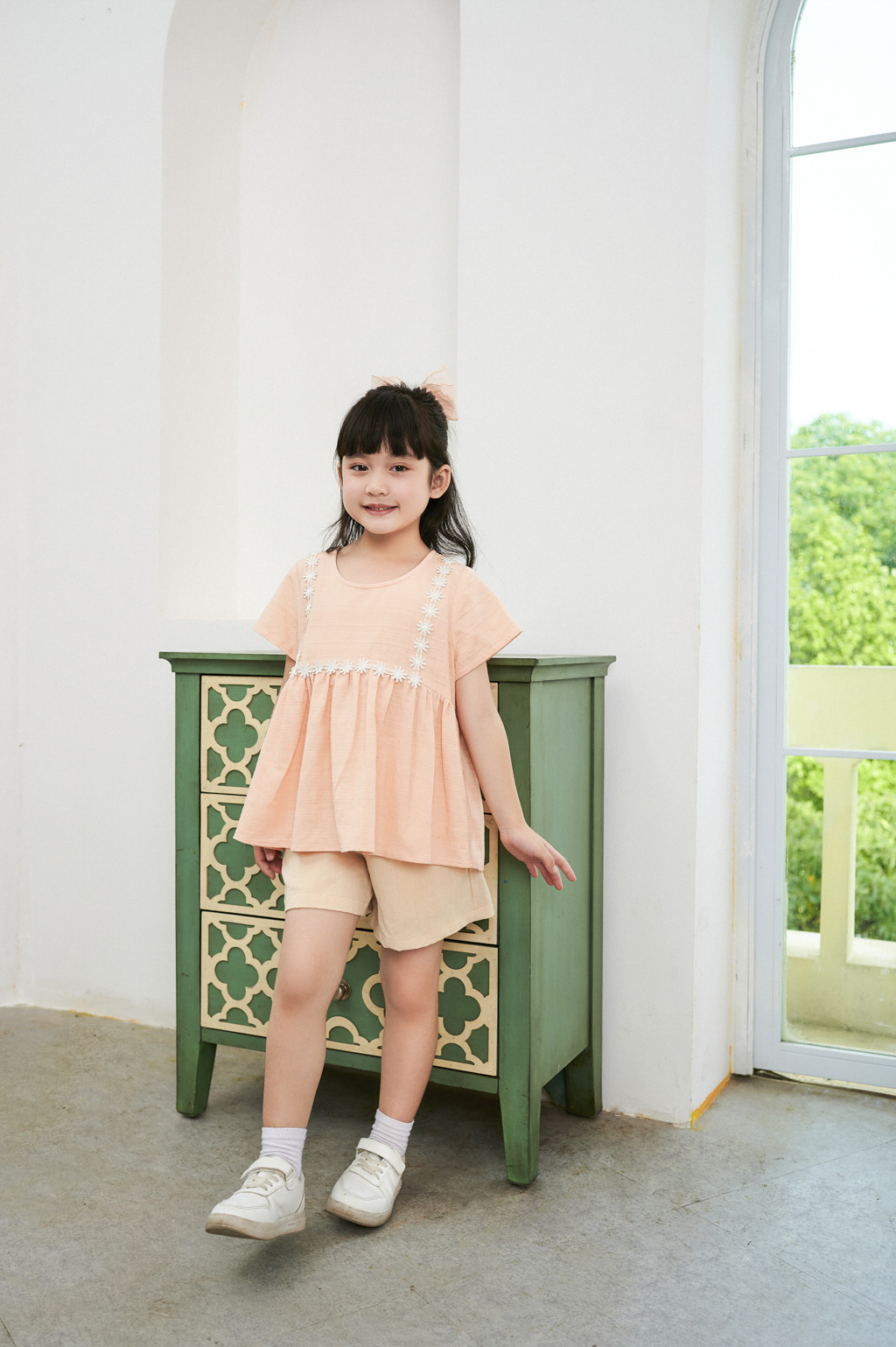Áo ngắn tay bé gái hồng cam phối ren - KAN2212