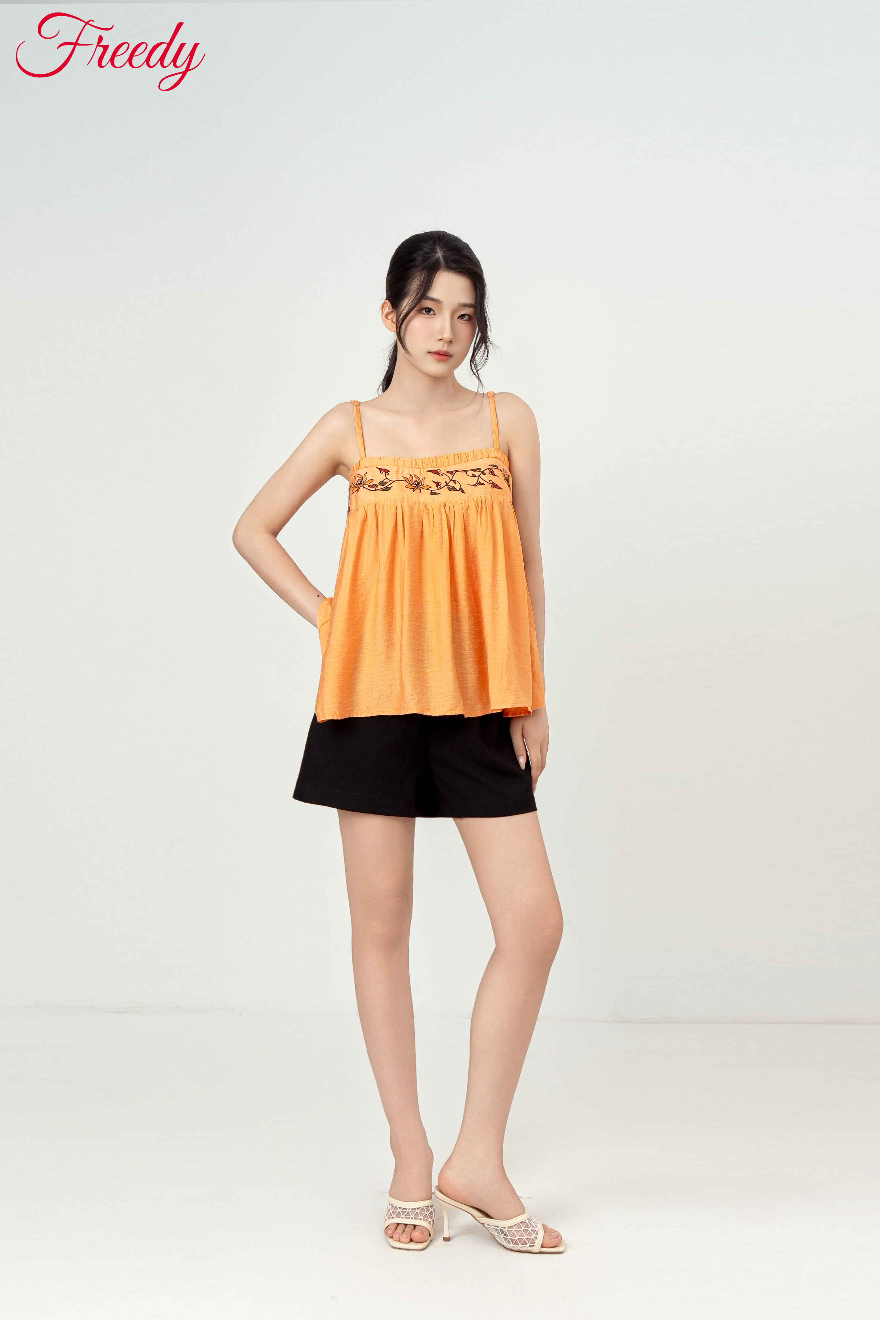 Bộ 2 dây nữ cam thêu dáng babydoll - WBH2605