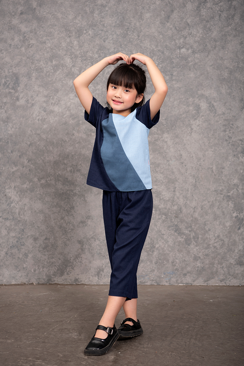 Bộ ngắn tay bé gái phối xanh linen - KBN2201