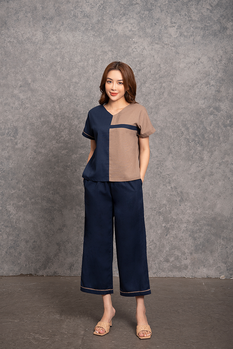 Bộ ngắn tay nữ phối nâu xanh linen - WBN2202