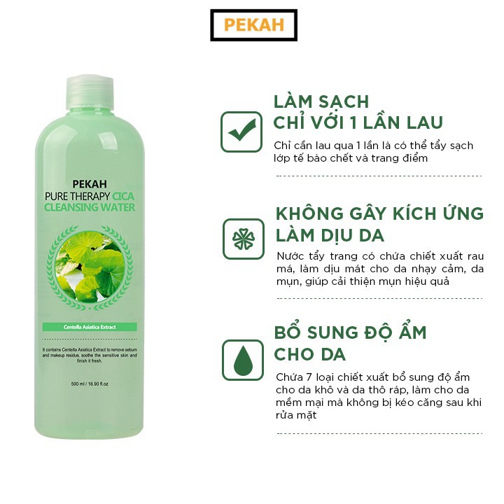 Nước Tẩy Trang Sạch Sâu , Kháng Khuẩn Và Làm Dịu Nhẹ Chiết Xuất Rau Má Dành Cho Da Nhạy Cảm PEKAH 500ml  - PEKAH Pure Therapy Cica Cleansing Water 500ml