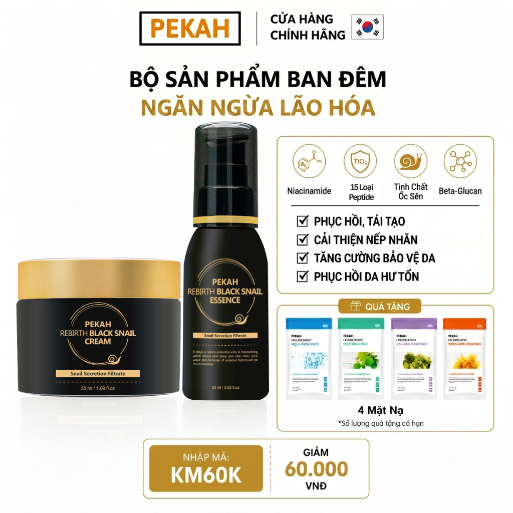 Combo đêm serum ốc sên 50ml + kem dưỡng ốc sên đen 50ml ngừa lão hóa