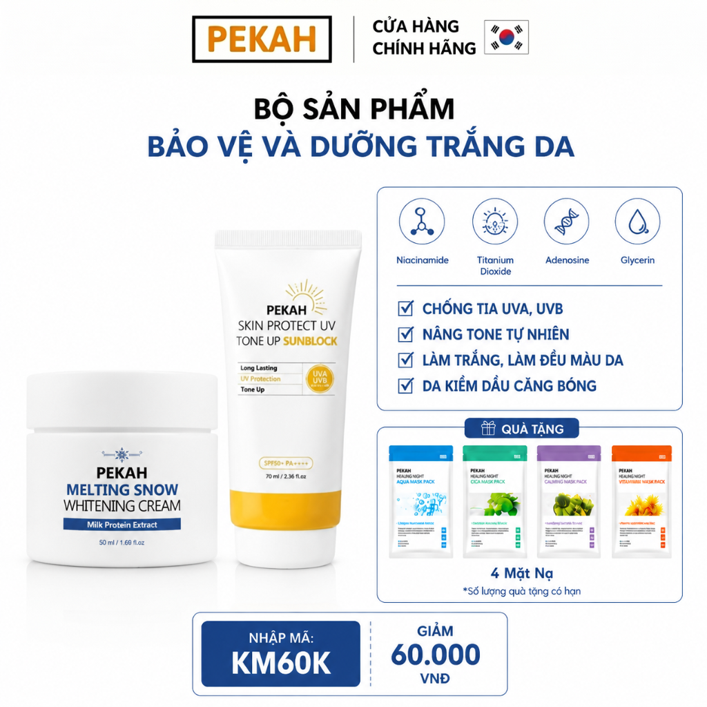 Combo Kem Chống Nắng PEKAH Sun Block 70ml & Kem Dưỡng PEKAH Whitening Cream 50ml Dưỡng Trắng Nâng Tone Đều Màu da
