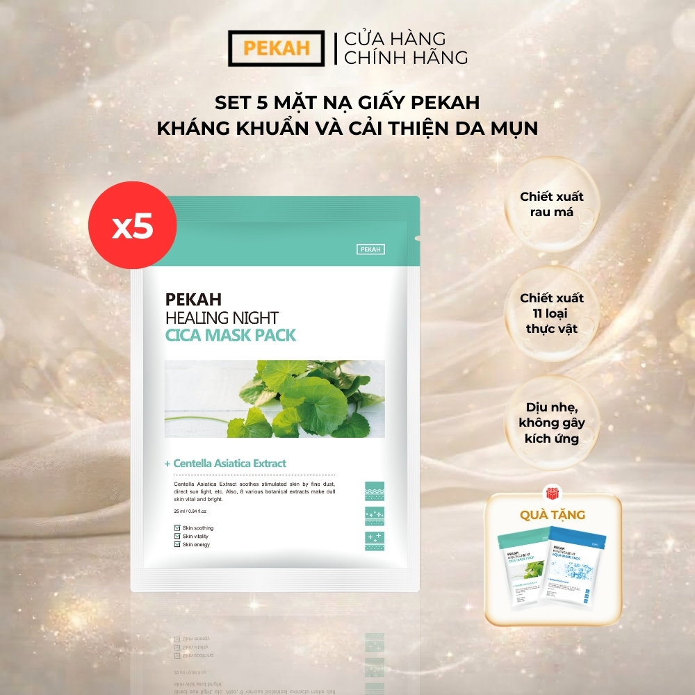 Set Mặt Nạ Giấy Kháng Khuẩn , Dịu Nhẹ Và Cải Thiện Da Mụn Chiết Xuất Rau Má PEKAH 25ml - PEKAH Healing Night Cica Mask Pack