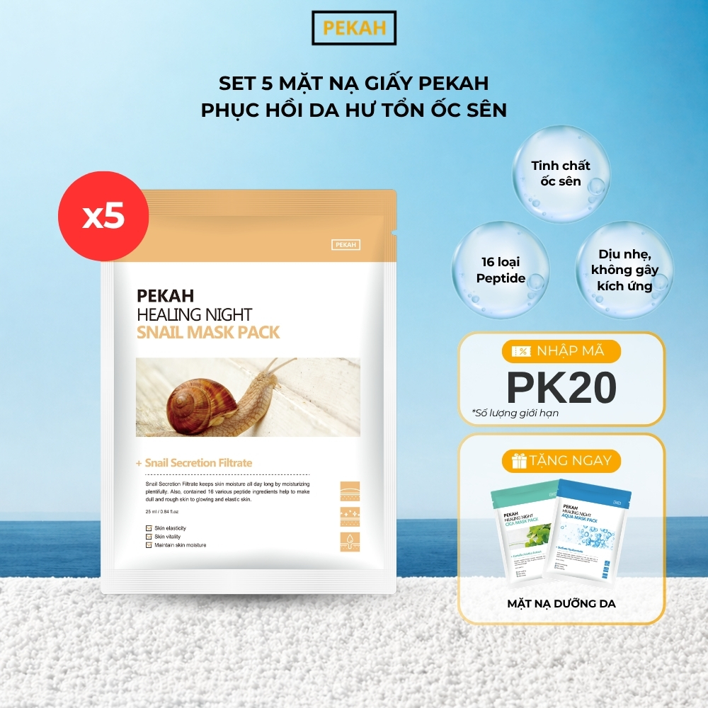 Set Mặt Nạ Giấy Phục Hồi Da Hư Tổn Ốc Sên PEKAH 25ml - PEKAH Healing Night Snail Mask Pack