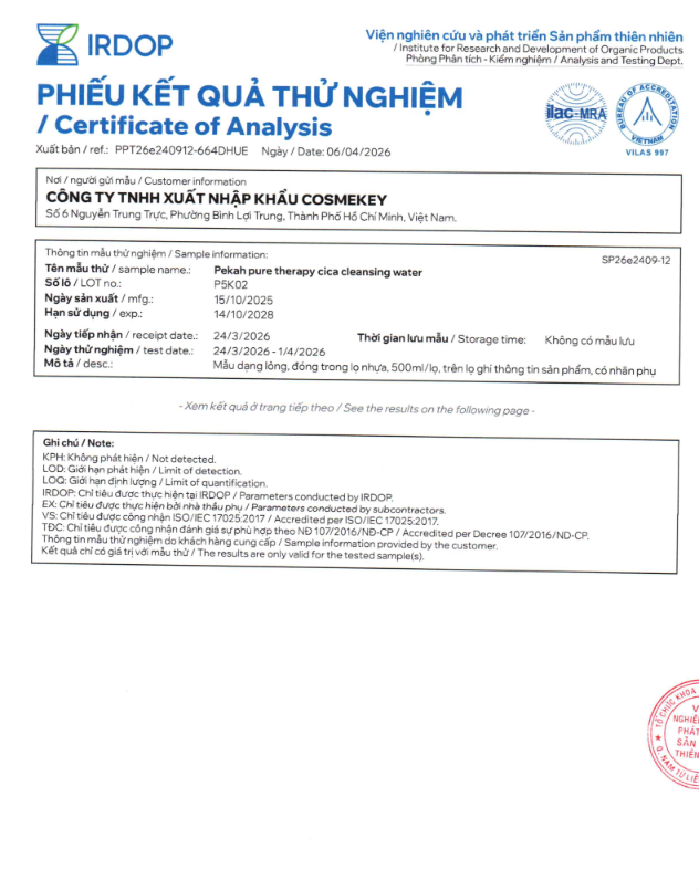 Nước Tẩy Trang Sạch Sâu , Kháng Khuẩn Và Làm Dịu Nhẹ Chiết Xuất Rau Má Dành Cho Da Nhạy Cảm PEKAH 500ml  - PEKAH Pure Therapy Cica Cleansing Water 500ml