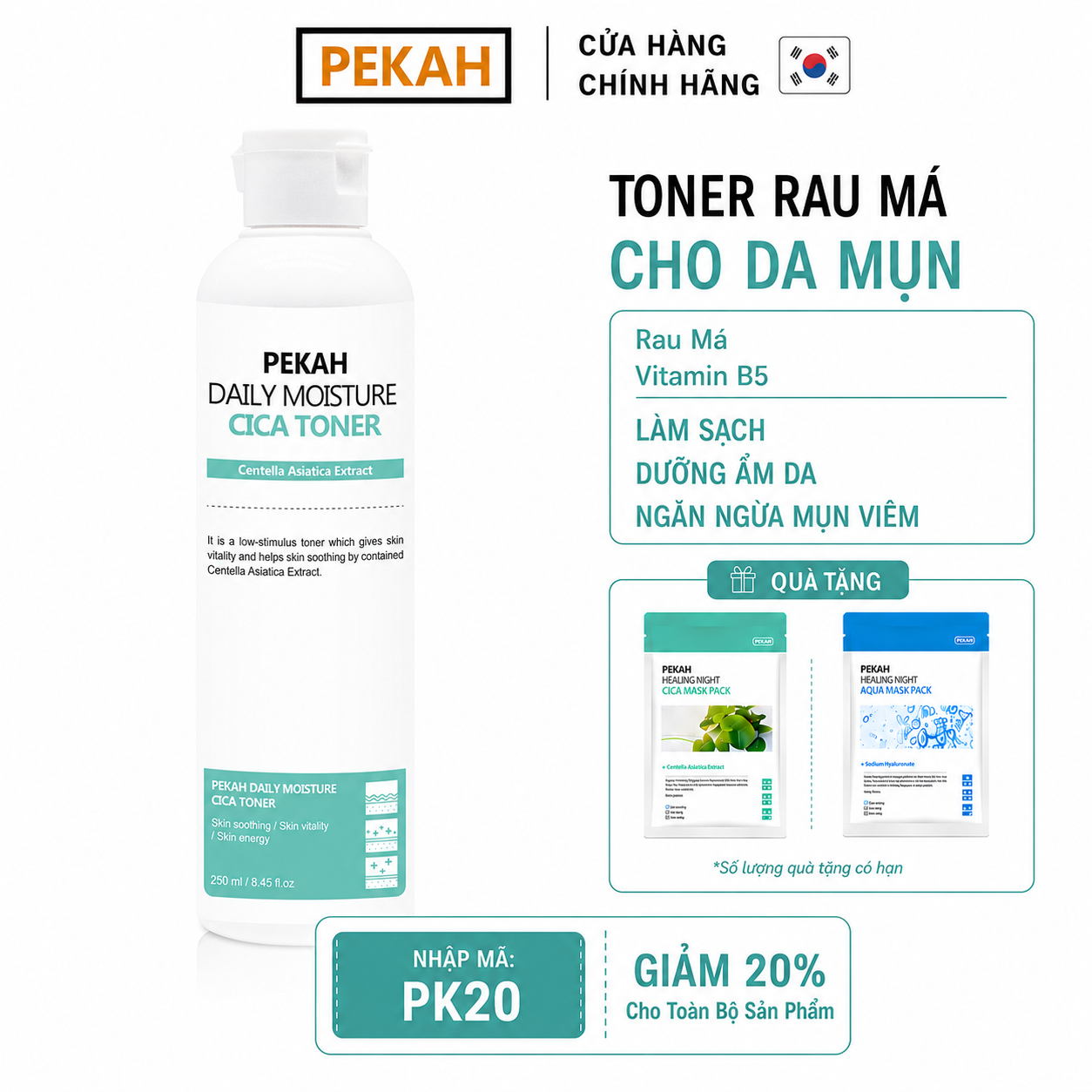 Nước Hoa Hồng Cải Thiện Da Mụn Và Kháng Khuẩn Chiết Xuất Rau Má PEKAH - PEKAH Daily Moisture Cica Toner 250ml