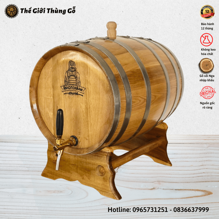 Thùng Gỗ Sồi 20 Lít Dáng Nằm Đai Kẽm Vòi Crom Cao Cấp