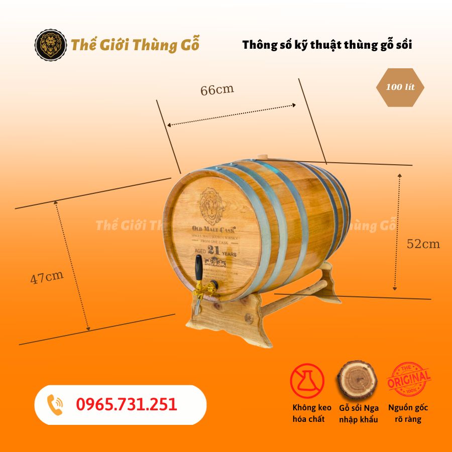 Thùng rượu gỗ sồi 100 Lít Vòi Crom Giá Tại Xưởng