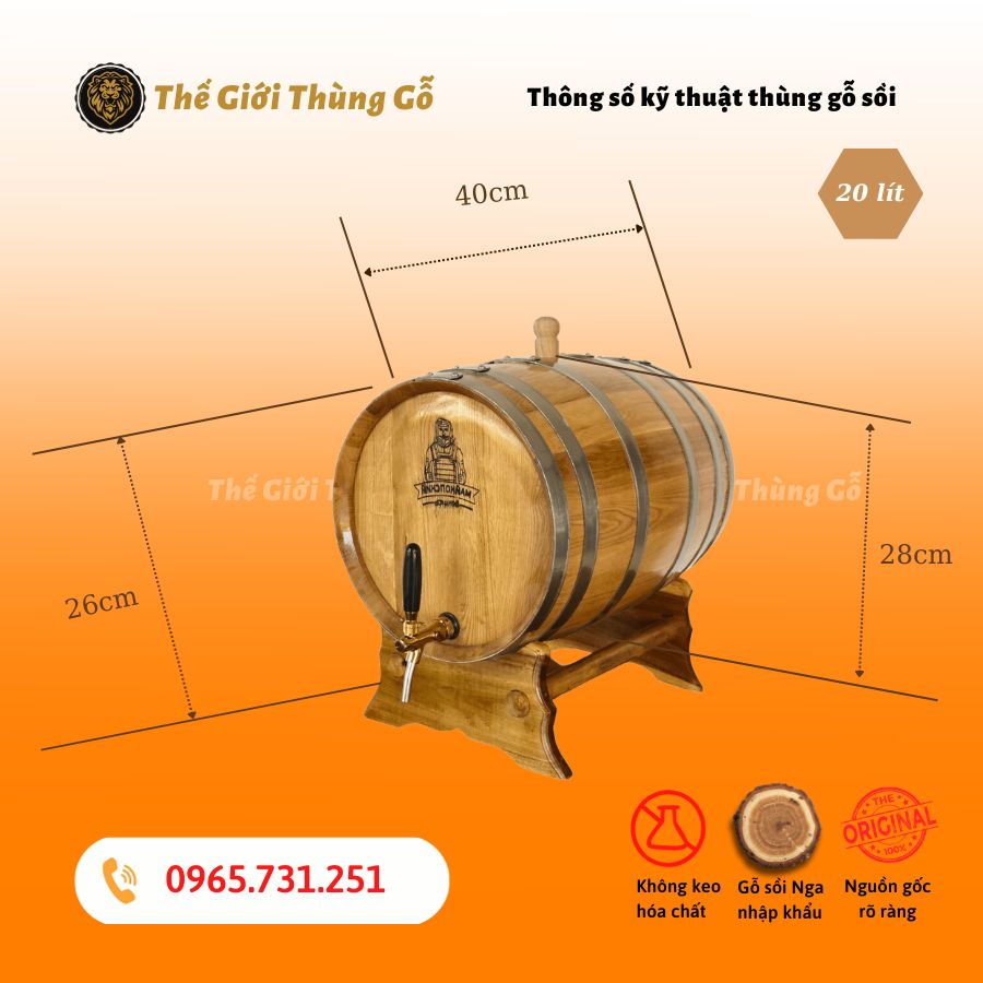Thùng Gỗ Sồi 20 Lít Dáng Nằm Đai Kẽm Vòi Crom Cao Cấp