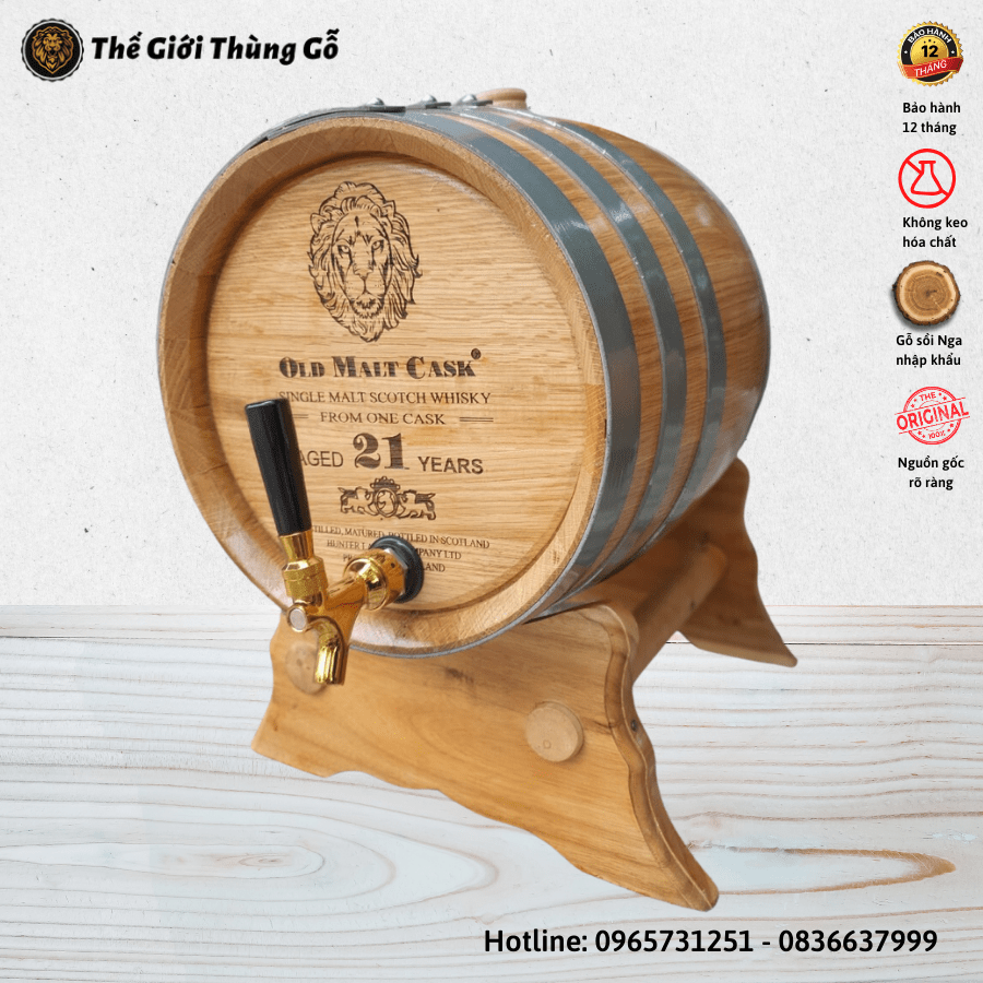 Thùng Gỗ Sồi 20 Lít Dáng Nằm Đai Kẽm Vòi Crom Cao Cấp