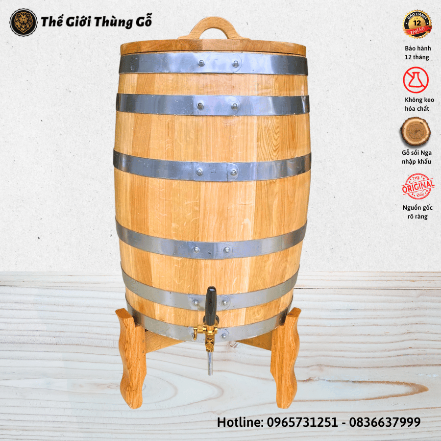 Thùng rượu gỗ sồi 20 Lít Dáng Đứng Đai Inox Vòi Crom Cao Cấp
