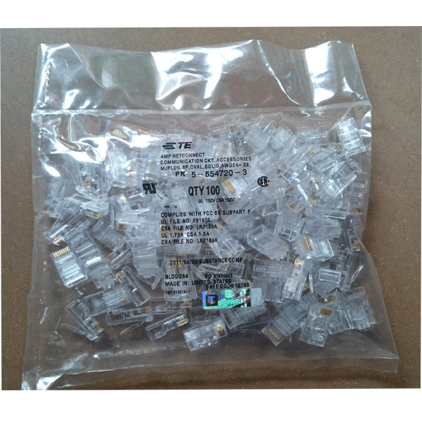 6-554720-3 : Đầu nối cáp UTP, Cat.5, RJ45,26-24 AWG, flat oval, 2.54 - 8.89mm