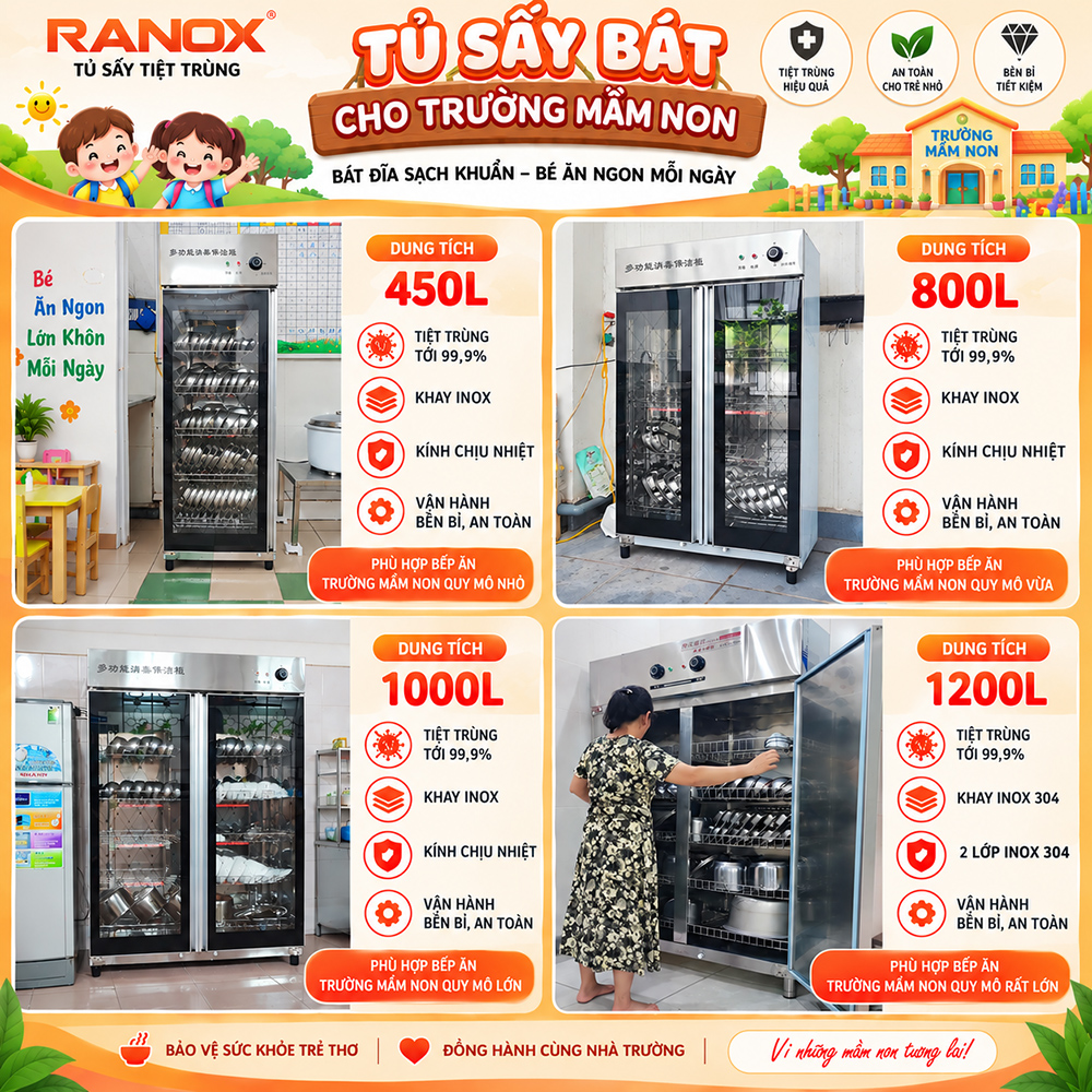 Tủ sấy bát mầm non cho trường quy mô lớn, vừa và nhỏ
