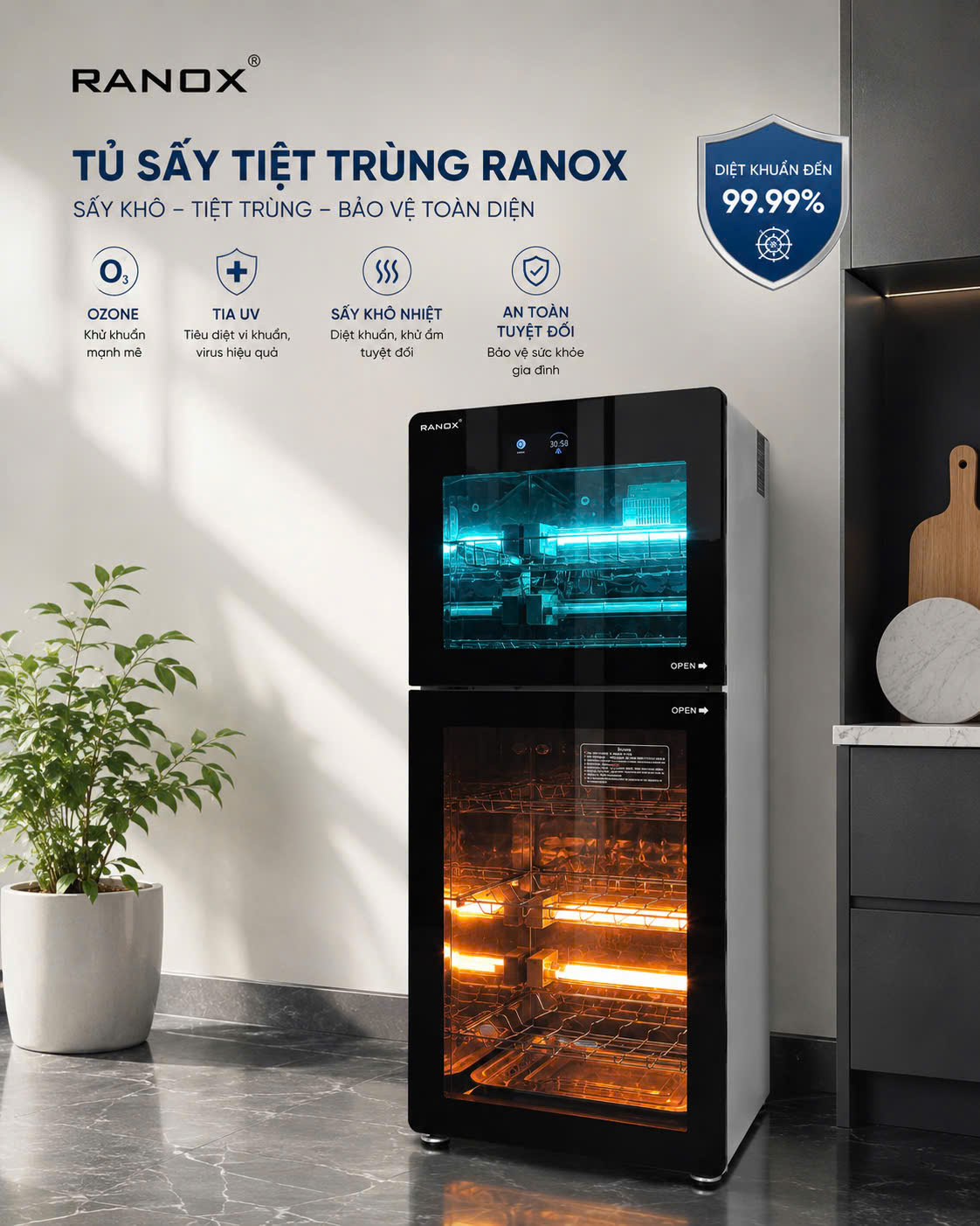 Tủ sấy tiệt trùng bát đĩa Ranox công nghệ hiện đại UV +  Ozone