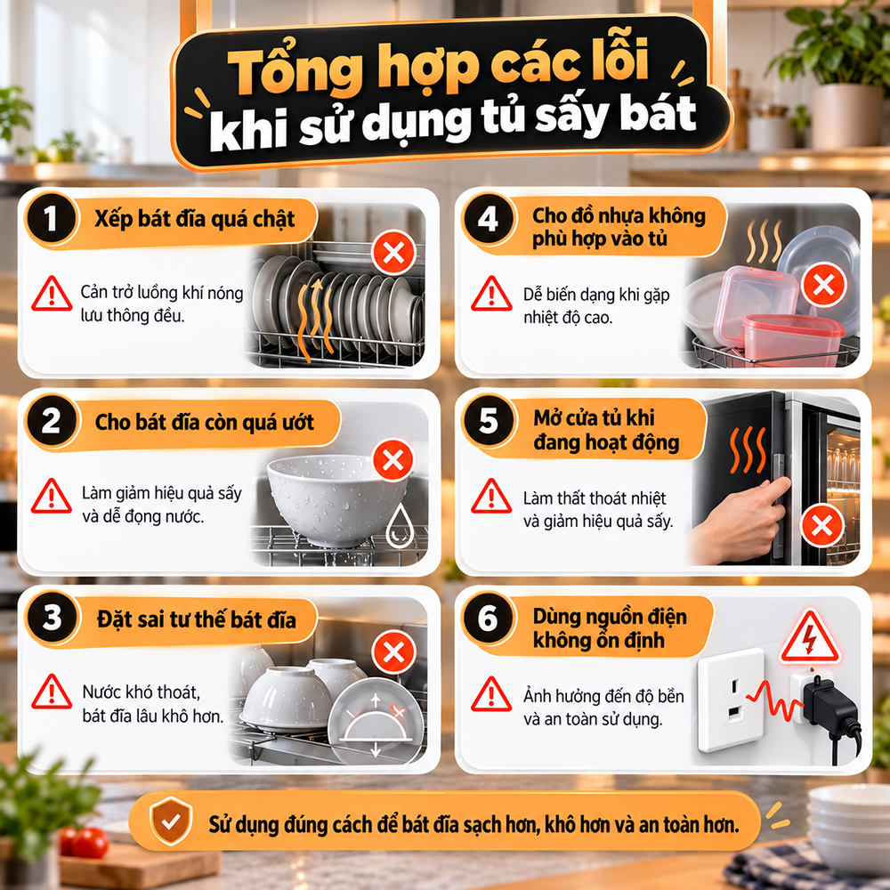 Tổng hợp các lỗi khi sử dụng tủ sấy bát