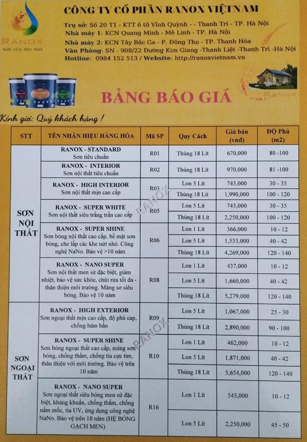 Bảng giá sơn Ranox 01